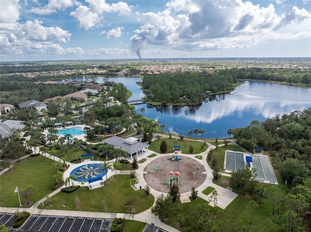 drone / aerial view featuring a water view