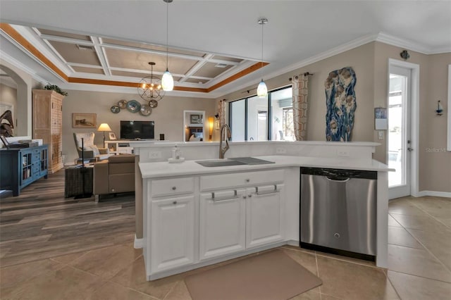 kitchen with coffered ceiling, sink, decorative light fixtures, dishwasher, and white cabinets