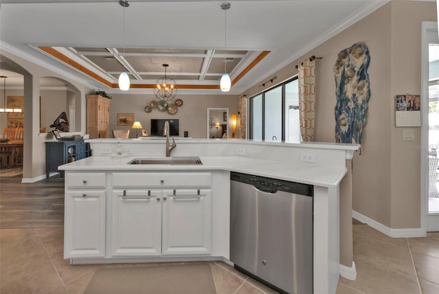 kitchen with white cabinetry, decorative light fixtures, dishwasher, and sink