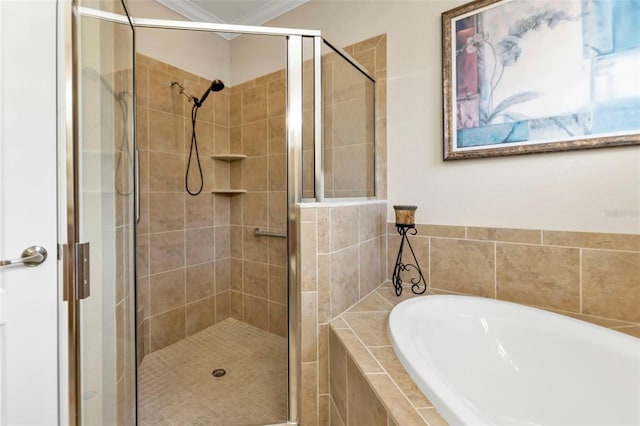 bathroom featuring plus walk in shower and crown molding