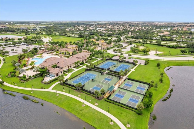 birds eye view of property featuring a water view