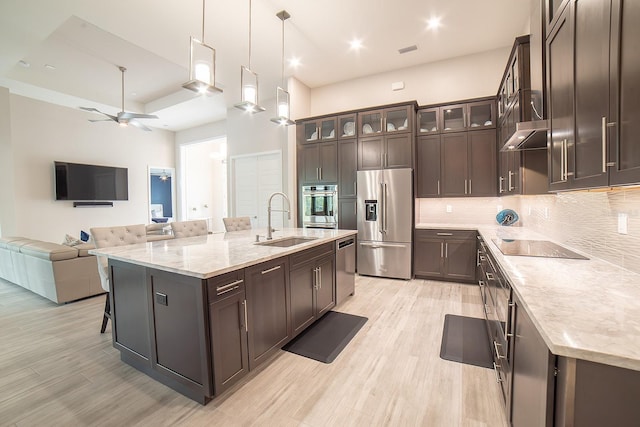 kitchen with ceiling fan, sink, hanging light fixtures, an island with sink, and appliances with stainless steel finishes