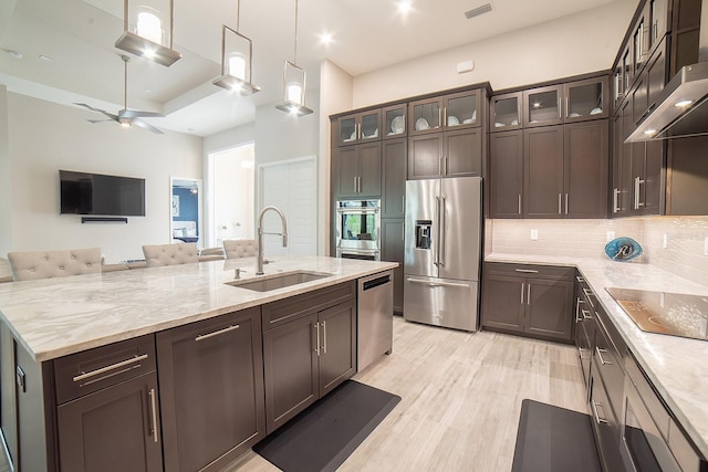 kitchen with ceiling fan, sink, ventilation hood, decorative light fixtures, and appliances with stainless steel finishes