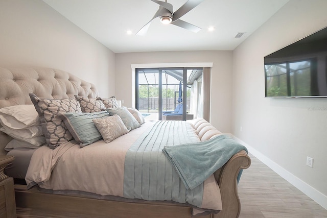 bedroom with ceiling fan, light wood-type flooring, and access to outside