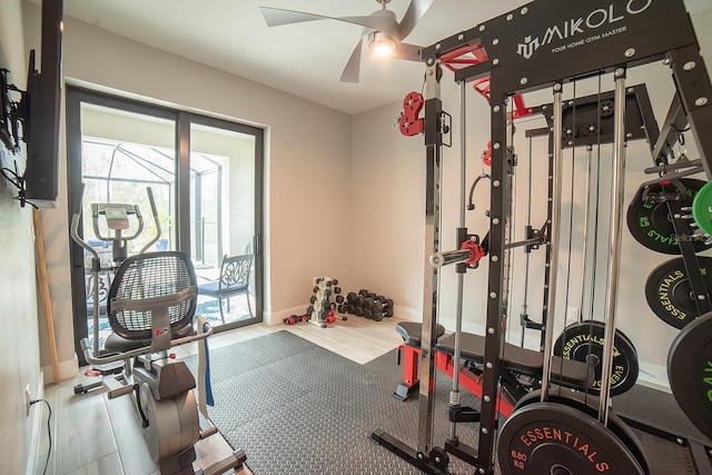 exercise area with ceiling fan