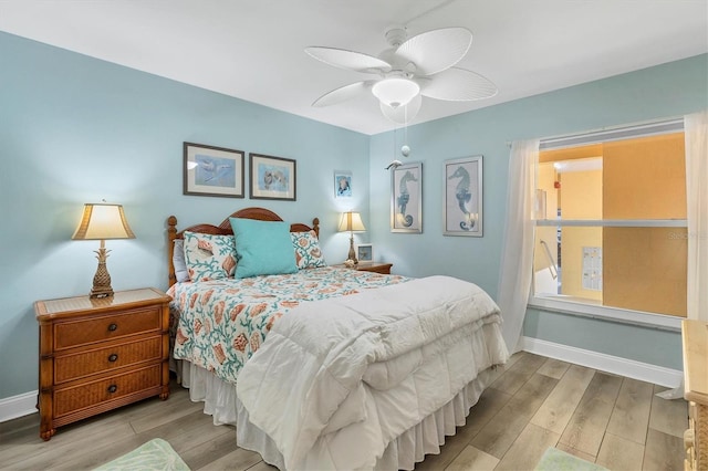 bedroom with ceiling fan and light wood-type flooring