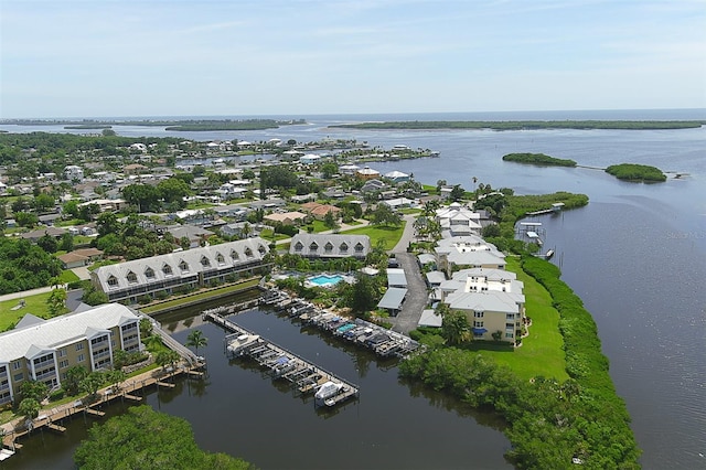 bird's eye view with a water view