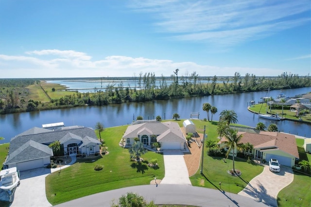 drone / aerial view featuring a water view