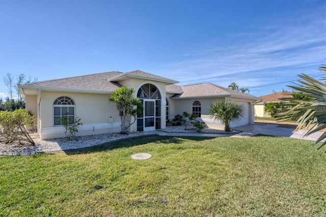 view of front of home featuring a garage and a front lawn