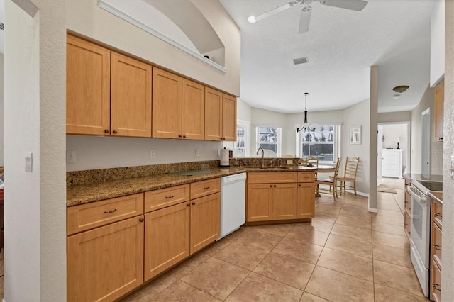 kitchen with dishwasher, stainless steel electric range oven, a textured ceiling, decorative light fixtures, and light tile patterned flooring