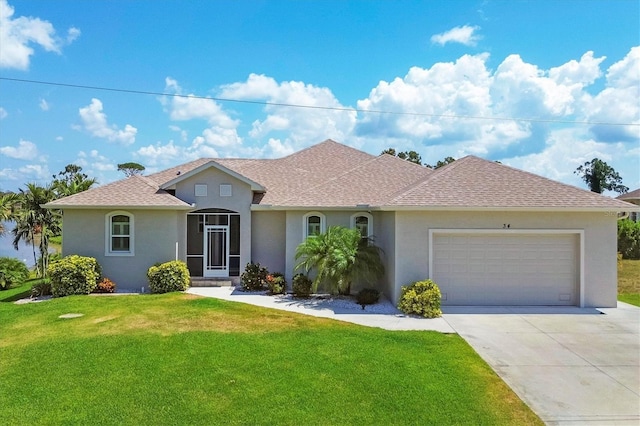 ranch-style home featuring a front yard and a garage