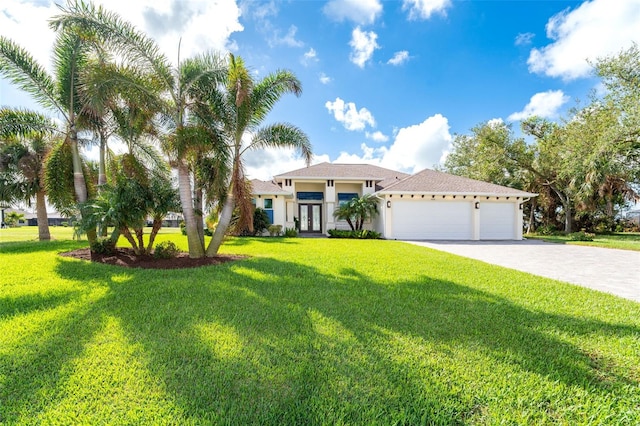 mediterranean / spanish house featuring french doors, a front lawn, and a garage