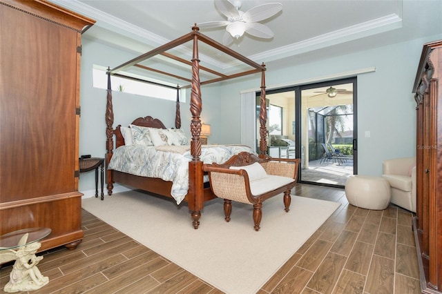 bedroom featuring access to exterior, ceiling fan, crown molding, and dark hardwood / wood-style floors