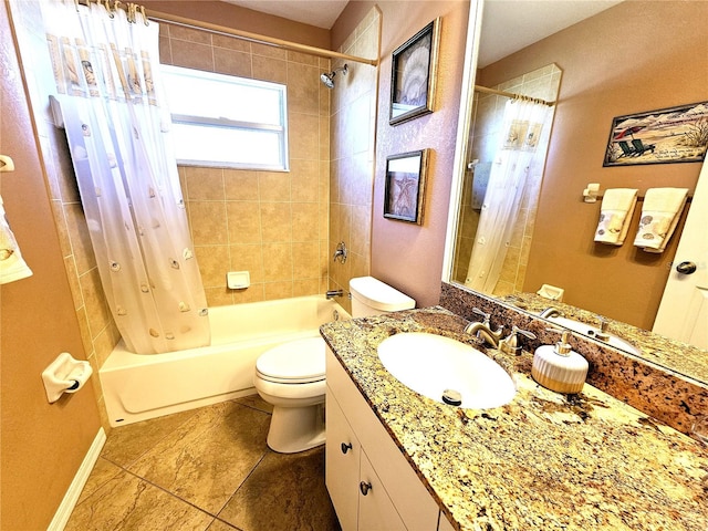 full bathroom featuring tile patterned floors, vanity, toilet, and shower / bath combo with shower curtain