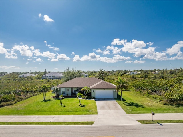 ranch-style house with a front lawn and a garage