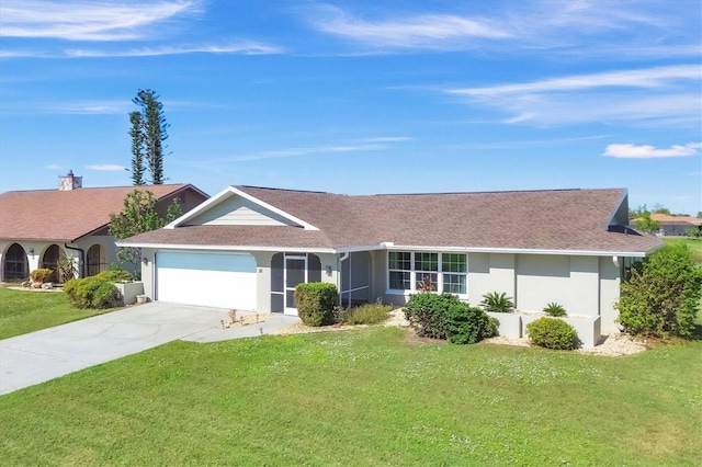 ranch-style home with a garage and a front yard