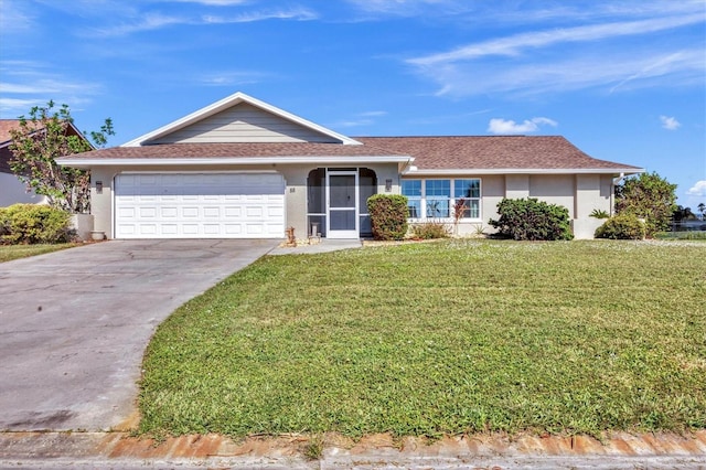 ranch-style house with a front yard and a garage