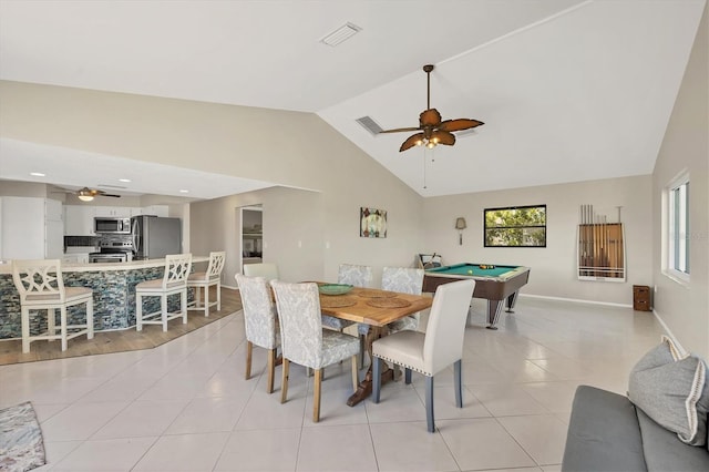 tiled dining space featuring high vaulted ceiling, ceiling fan, and billiards