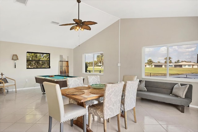 tiled dining area with ceiling fan, high vaulted ceiling, and billiards