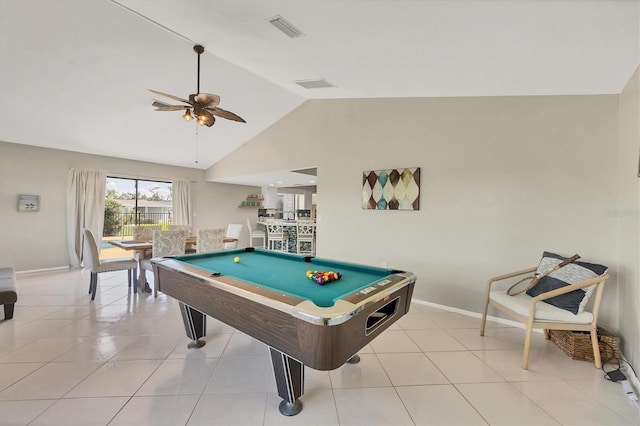 recreation room featuring ceiling fan, light tile patterned floors, high vaulted ceiling, and pool table