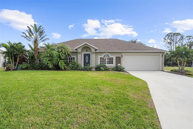 ranch-style house with a garage and a front yard