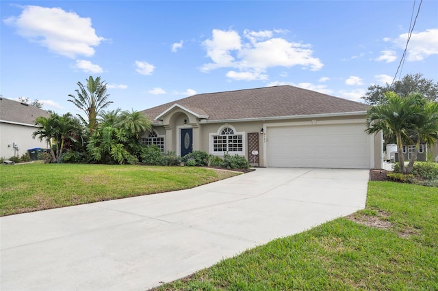 ranch-style house featuring a garage and a front yard