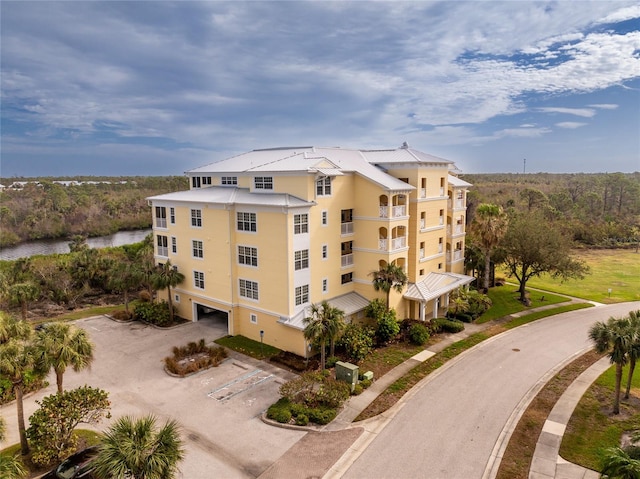 view of building exterior featuring a water view