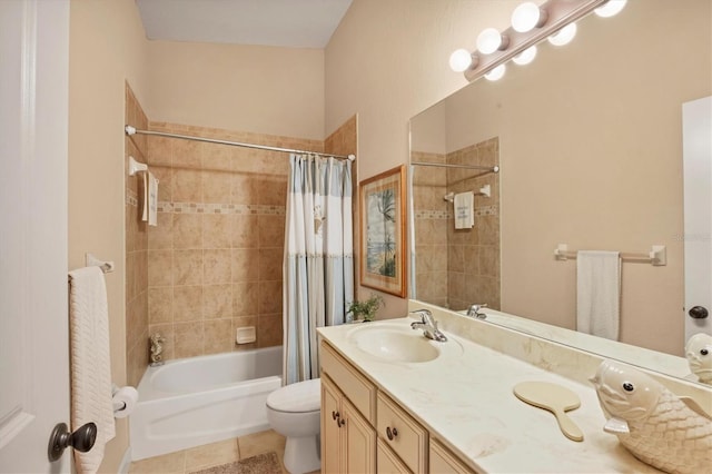 full bathroom with vanity, tile patterned floors, shower / bath combination with curtain, and toilet