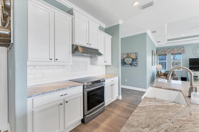 kitchen with hardwood / wood-style flooring, stainless steel electric range, white cabinets, ornamental molding, and sink