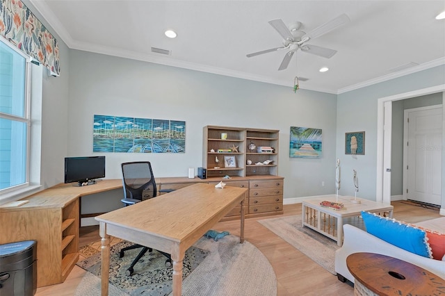 office space with ceiling fan, ornamental molding, light hardwood / wood-style floors, and a healthy amount of sunlight