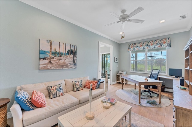 8025 Weyers Ct, Englewood, FL 34224 - office area featuring crown molding, a ceiling fan, light wood finished floors, baseboards, and recessed lighting