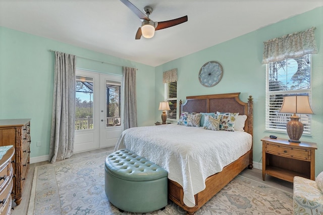 bedroom featuring ceiling fan, access to exterior, and french doors