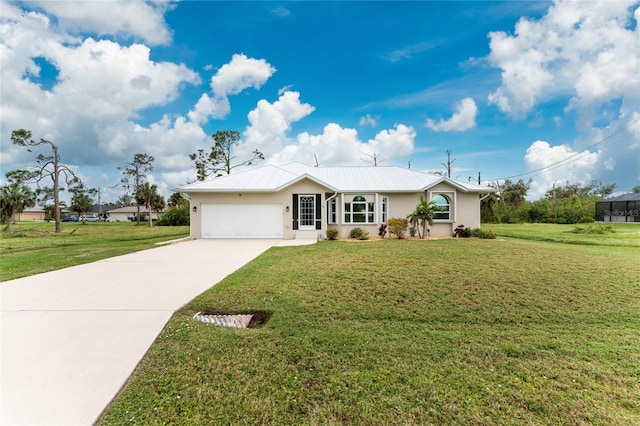 ranch-style house with a garage and a front yard