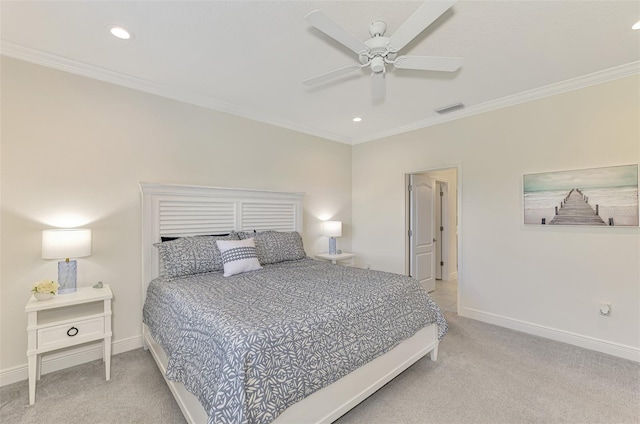 bedroom featuring ceiling fan, light colored carpet, and ornamental molding