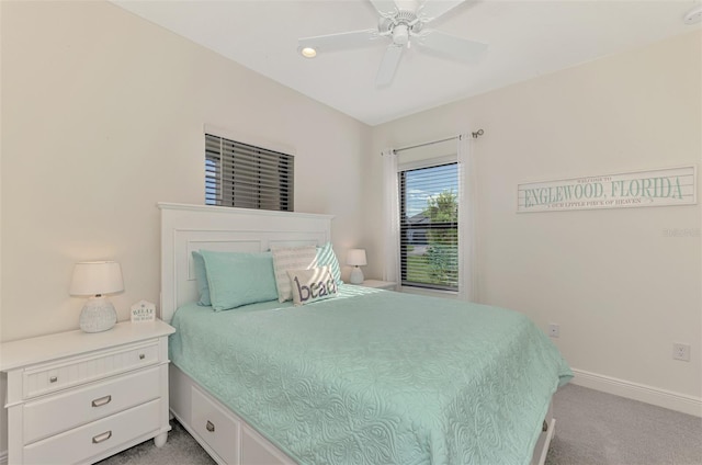 carpeted bedroom with ceiling fan