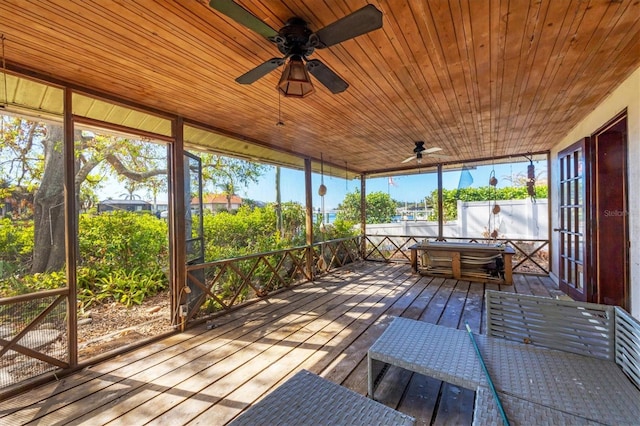 unfurnished sunroom featuring ceiling fan and wooden ceiling