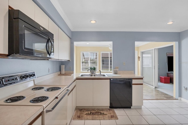 kitchen with ornamental molding, ceiling fan, sink, black appliances, and light tile patterned floors