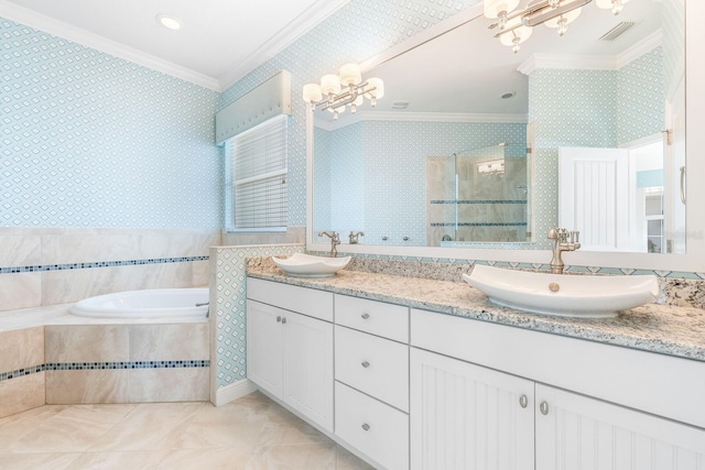 full bathroom featuring ornamental molding, visible vents, a sink, and wallpapered walls