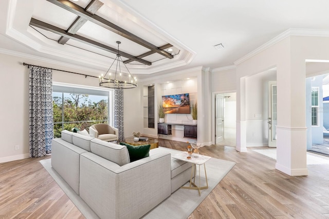 living room with light wood-type flooring, plenty of natural light, and coffered ceiling