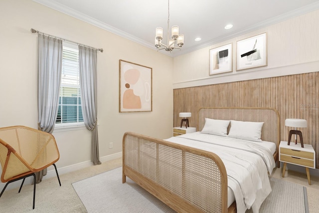 bedroom with ornamental molding, light colored carpet, baseboards, and an inviting chandelier