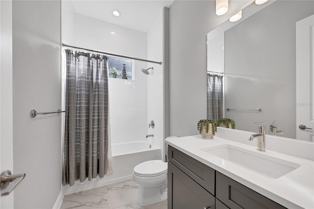 full bathroom with shower / bath combination with curtain, toilet, and vanity