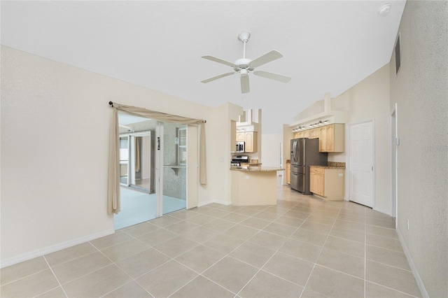 unfurnished living room featuring light tile patterned floors, high vaulted ceiling, and ceiling fan