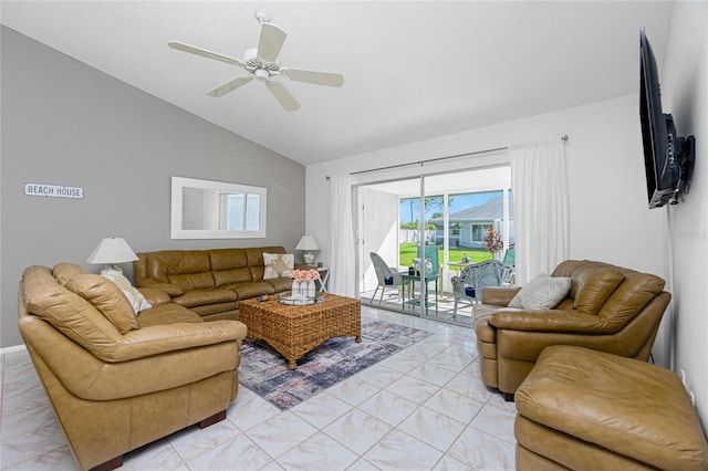 living room with ceiling fan and lofted ceiling