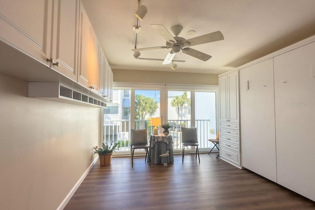 unfurnished room featuring ceiling fan and dark wood-type flooring