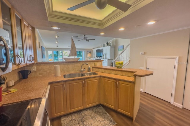 kitchen featuring kitchen peninsula, tasteful backsplash, crown molding, sink, and dark hardwood / wood-style floors