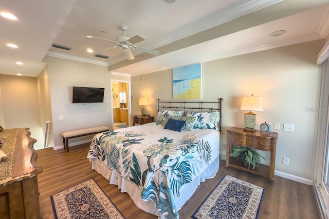 bedroom with dark hardwood / wood-style flooring, ensuite bath, ceiling fan, and ornamental molding