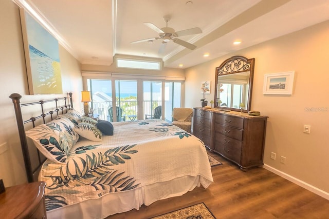 bedroom featuring access to outside, a raised ceiling, ceiling fan, dark hardwood / wood-style floors, and ornamental molding