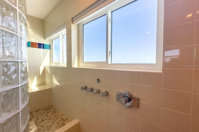 bathroom with a shower and tile walls