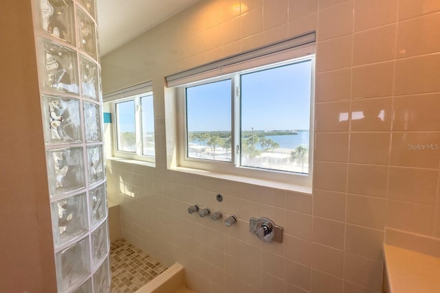 bathroom featuring a water view, walk in shower, and tile walls