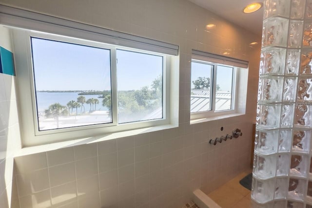 bathroom with a water view, walk in shower, and tile walls